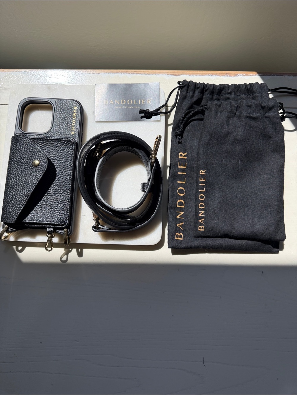 Bandolier Black Leather Crossbody Phone Case with Gold Logo - Picture 2 of 2